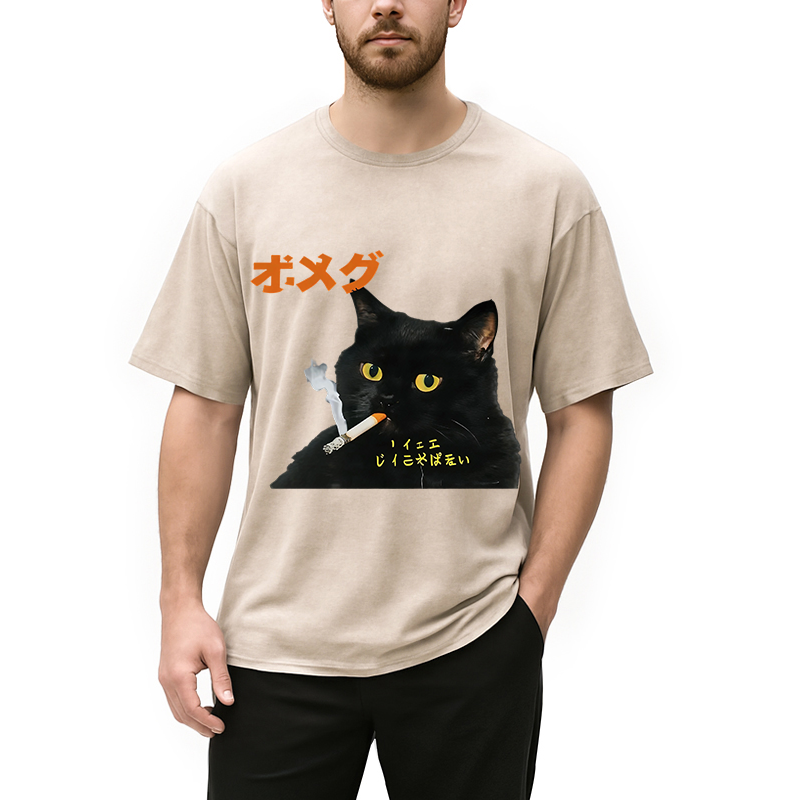 Modecanvas Smoking Cat Japanese DTG Printing Washed T-Shirt