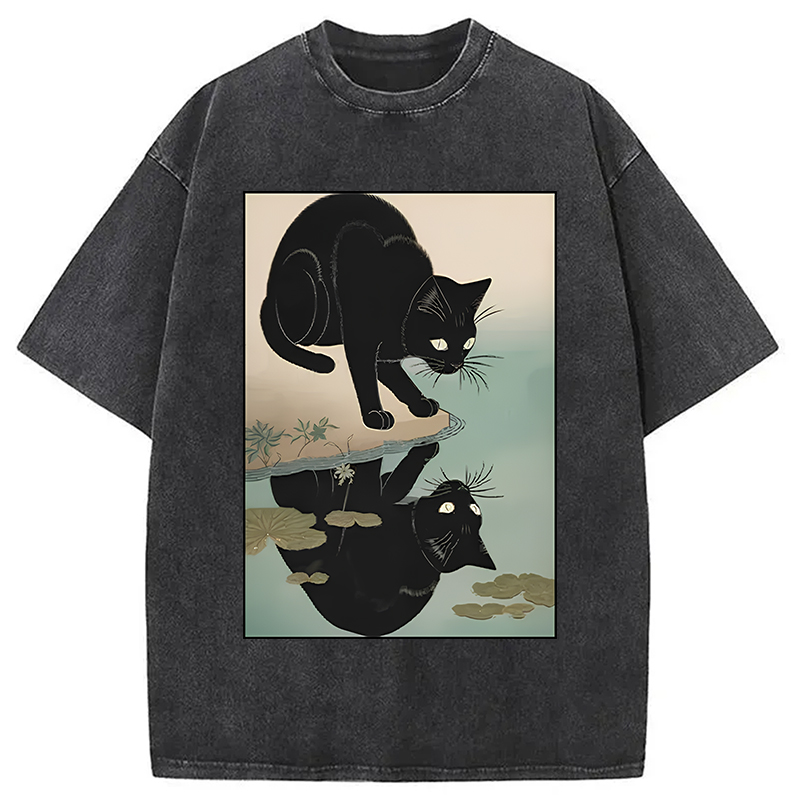 Modecanvas Cat Drinking River Water Washed T-Shirt