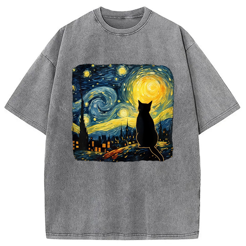 Modecanvas Cat Starry Night Washed T-Shirt