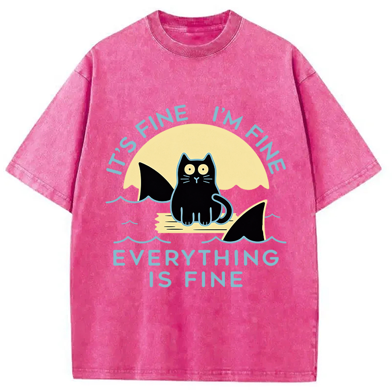 Modecanvas Everything Is Fine Cat Sea DTG Printing Washed T-Shirt
