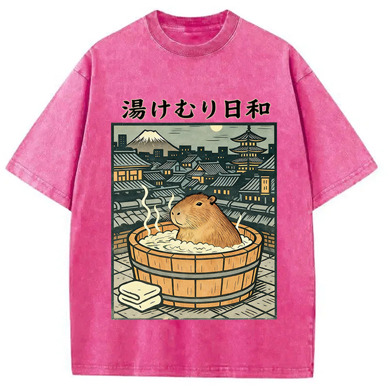 Modecanvas Capybara Bath DTG Printing Washed T-Shirt
