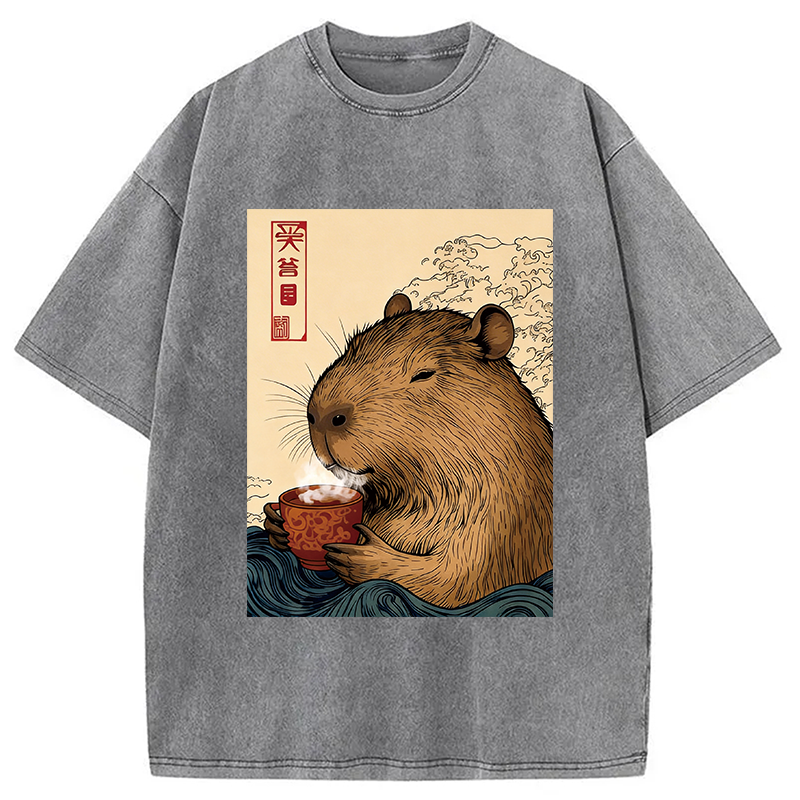 Modecanvas Capybara with Morning Tea DTG Printing Washed T-Shirt
