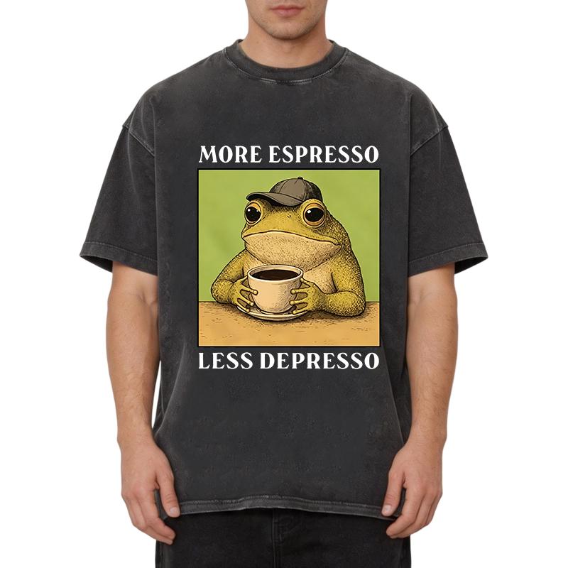 Modecanvas Frog Drinking Coffee Funny DTG Printing Washed T-Shirt