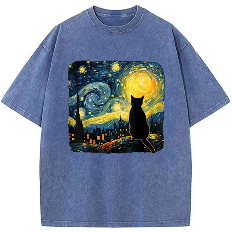 Modecanvas Cat Starry Night Washed T-Shirt