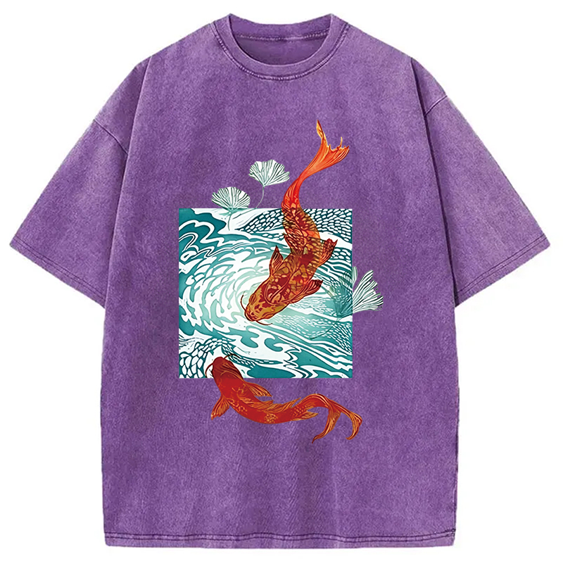 Modecanvas Koi In Wave Patterns DTG Printing Washed T-Shirt