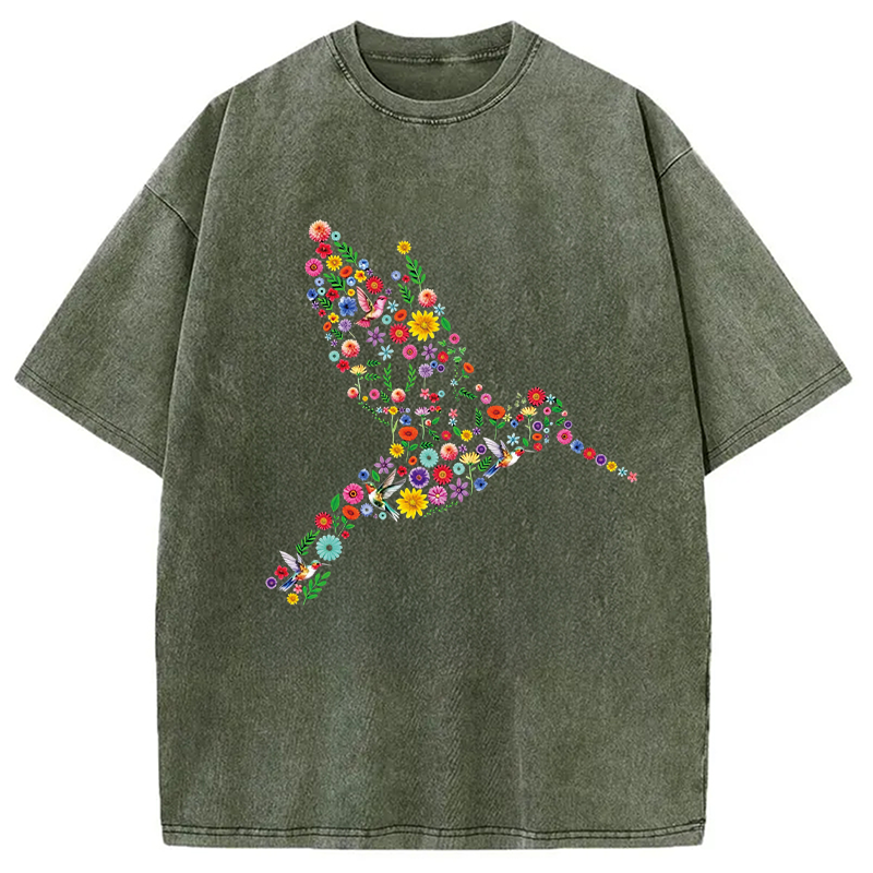 Modecanvas Floral Hummingbird DTG Printing Washed T-Shirt