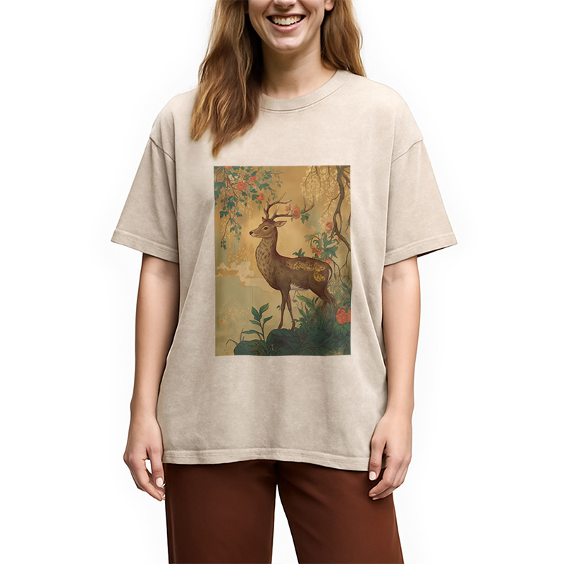 Modecanvas Graceful Japanese Deer Washed T-Shirt