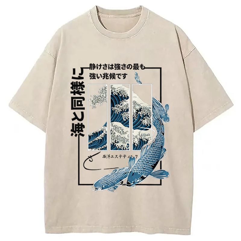 Modecanvas Japanese Koi Fish Great Wave DTG Printing Washed T-Shirt