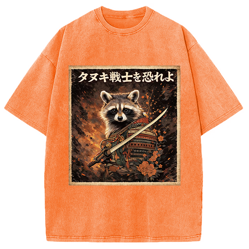Modecanvas Japanese Raccoon Samurai Funny DTG Printing Washed T-Shirt
