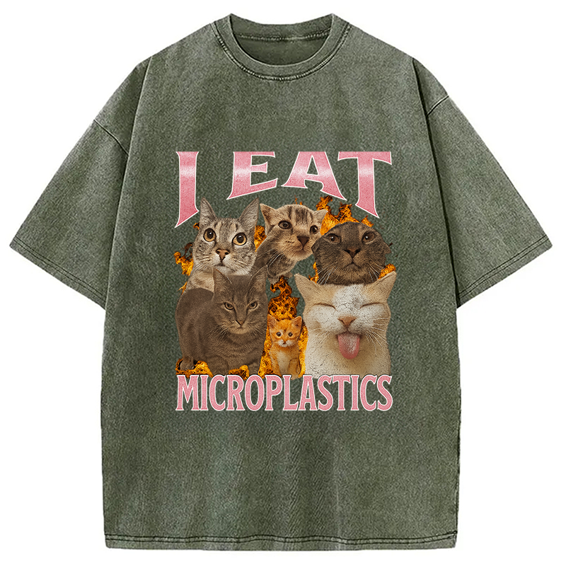 Modecanvas I Eat Microplastics Funny Cat Meme Washed T-Shirt-modecanvas