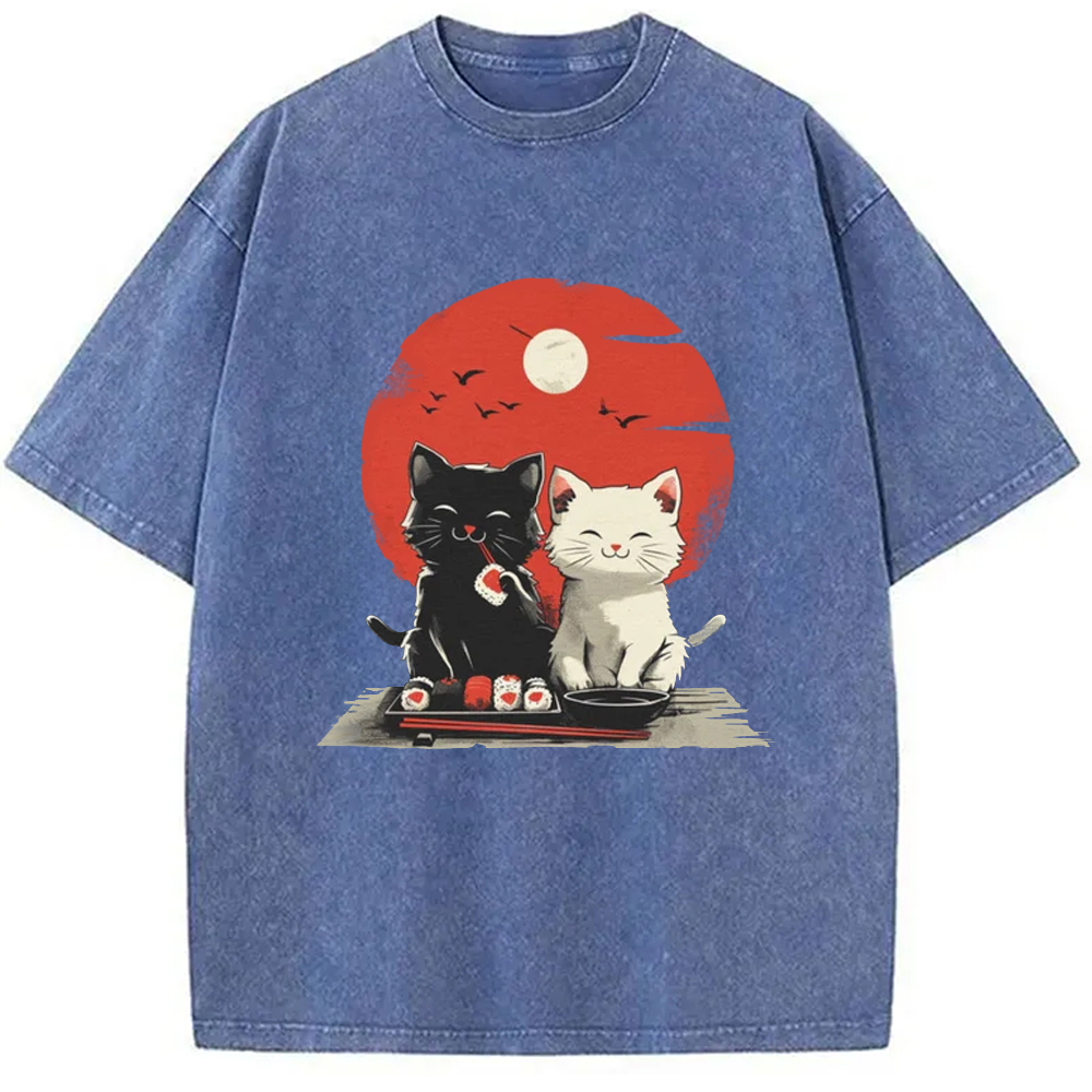 Modecanvas Black And White Cat Vintage Washed T-Shirt