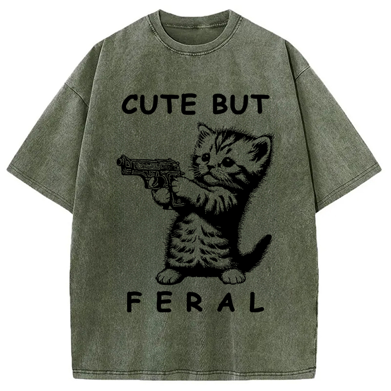 Modecanvas Ferocious Cat Washed T-Shirt