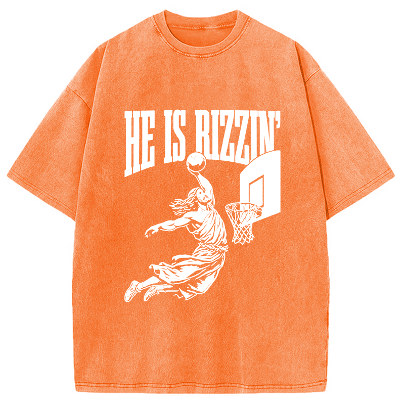 Modecanvas He Is Rizzin Funny Jesus Basketball Meme Washed T-Shirt-modecanvas
