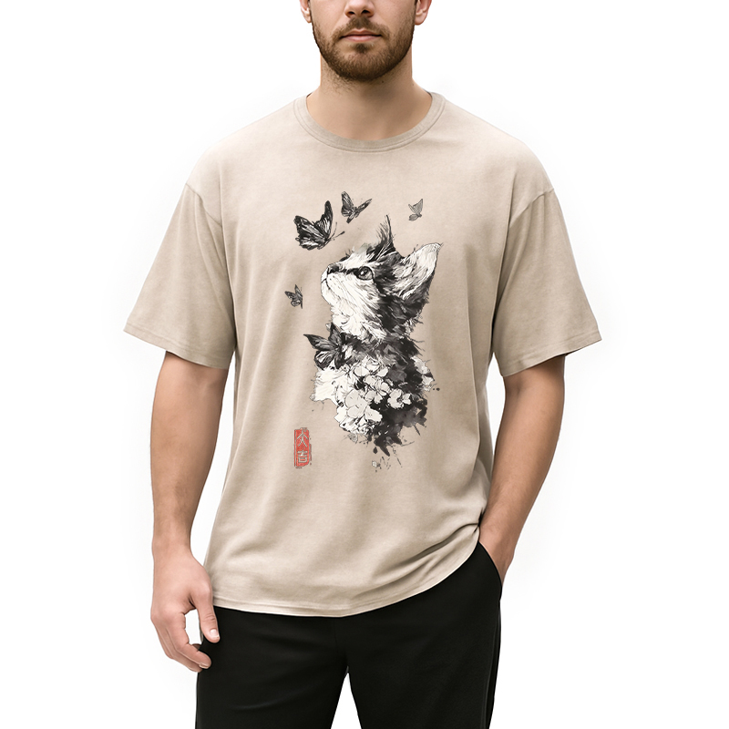 Modecanvas Butterfly and Cat Gaze DTG Printing Washed T-Shirt-modecanvas
