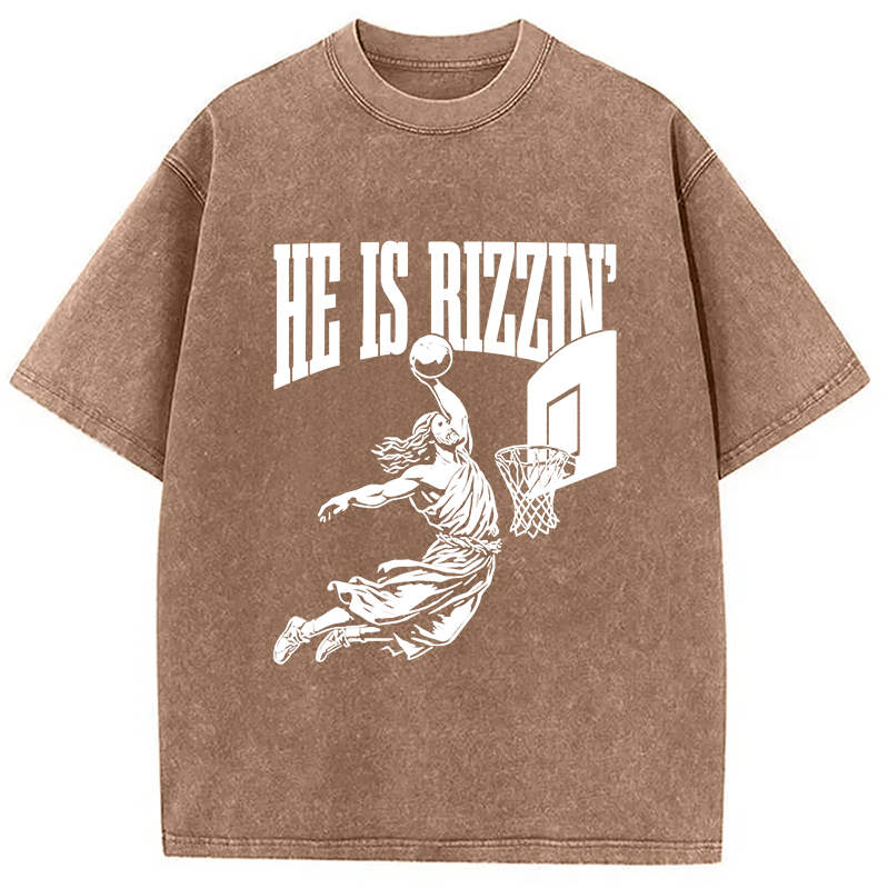 Modecanvas He Is Rizzin Funny Jesus Basketball Meme Washed T-Shirt-modecanvas