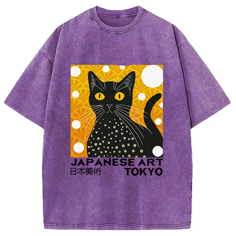 Modecanvas Black Cat Janpanese Art Washed T-Shirt