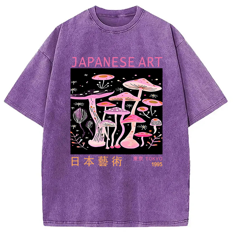 Modecanvas Japanese Art Pink Hallucinogenic Mushrooms Washed T-Shirt