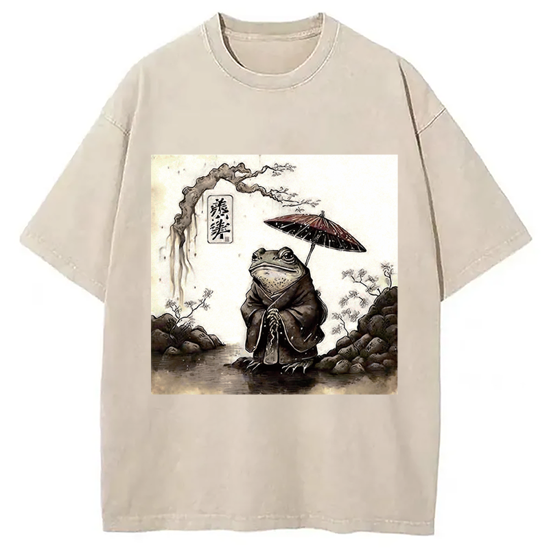 Modecanvas Rainy Day Frog DTG Printing Washed T-Shirt-modecanvas