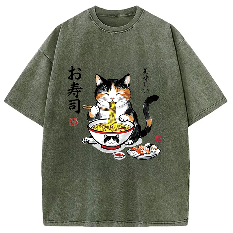 Modecanvas Cats Eat Japanese Food DTG Printing Washed T-Shirt