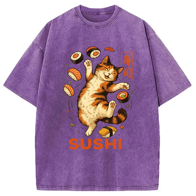 Modecanvas Funny Sushi Cat DTG Printing Washed T-Shirt