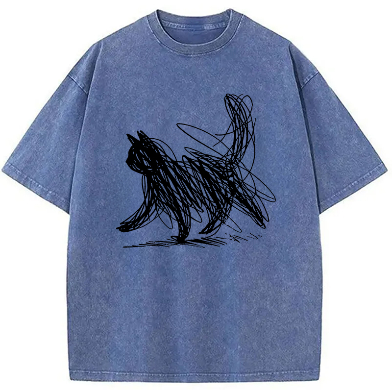 Modecanvas Minimalist Cat Art Washed T-Shirt-modecanvas