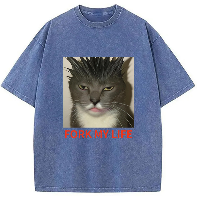 Modecanvas Gray Cat Fork My Life Washed T-Shirt