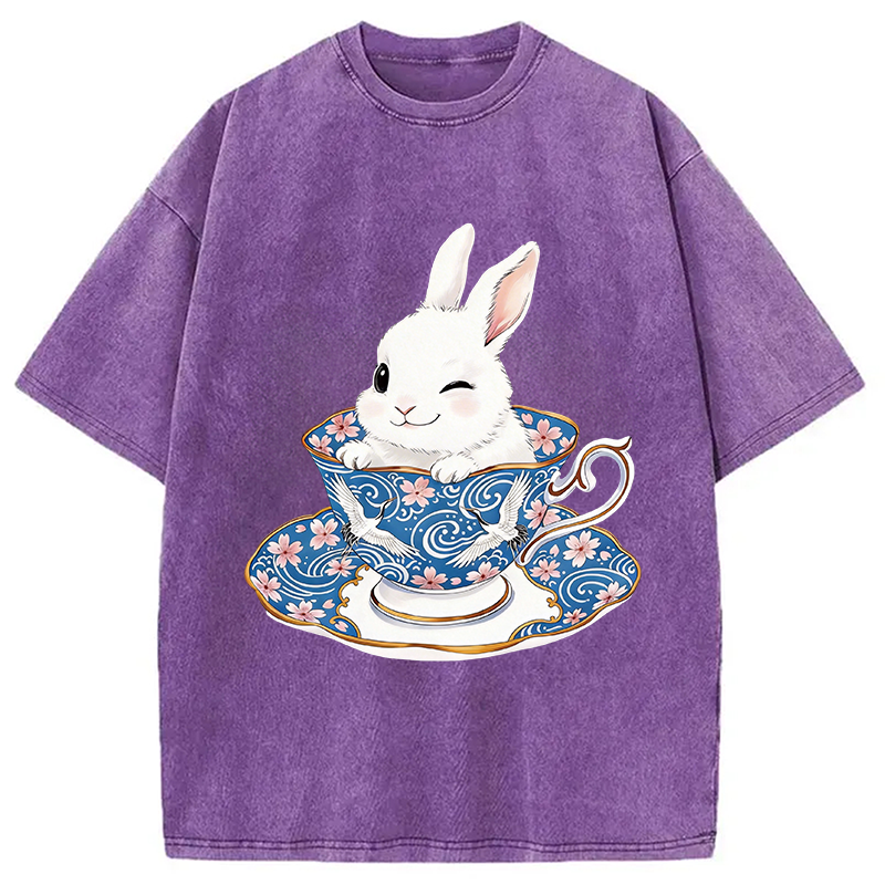 Modecanvas Cute Rabbit Tea Set DTG Printing Washed T-Shirt