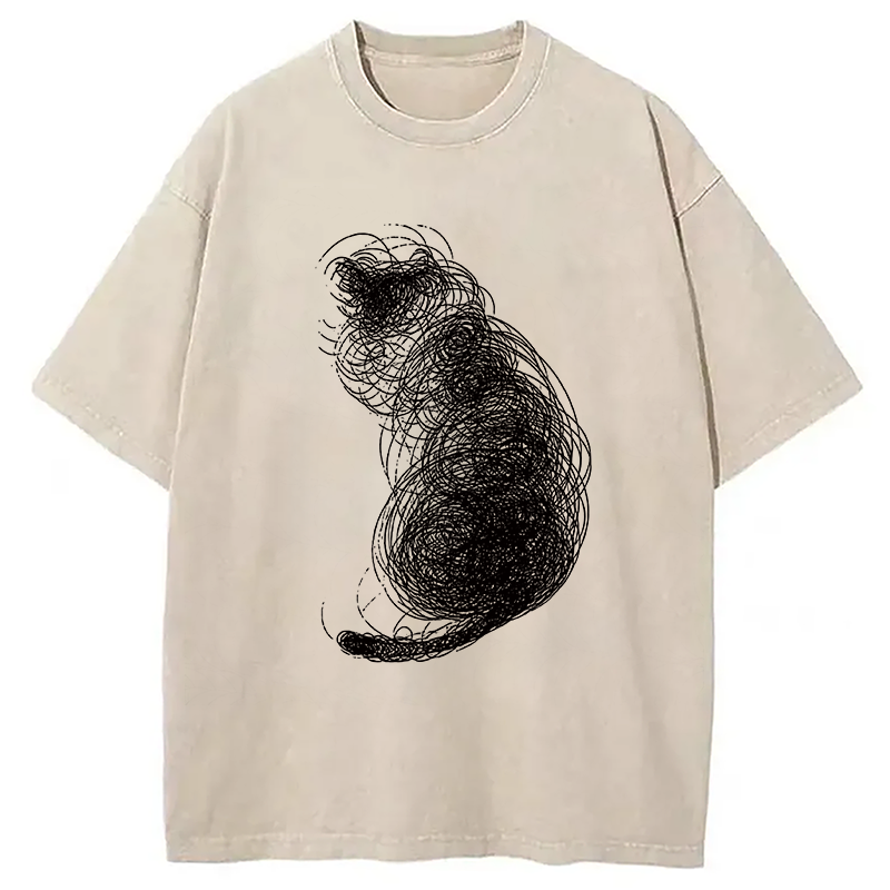 Modecanvas Chaotic Line Art Of A Curled Cat DTG Printing Washed T-Shirt