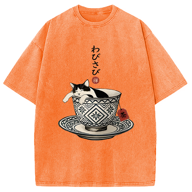 Modecanvas A Cozy Cat In A Teacup Washed T-Shirt-modecanvas