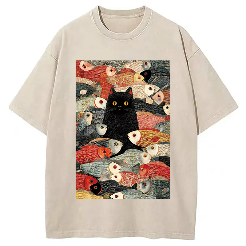Modecanvas Black Cat Koi Fish Washed T-Shirt-modecanvas