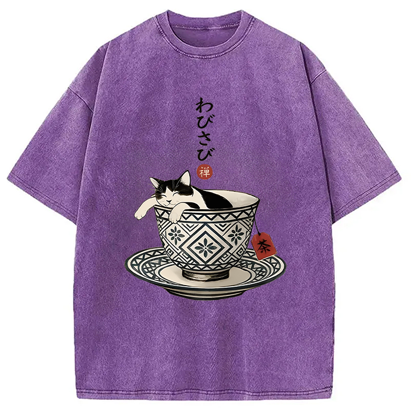 Modecanvas A Cozy Cat In A Teacup Washed T-Shirt-modecanvas