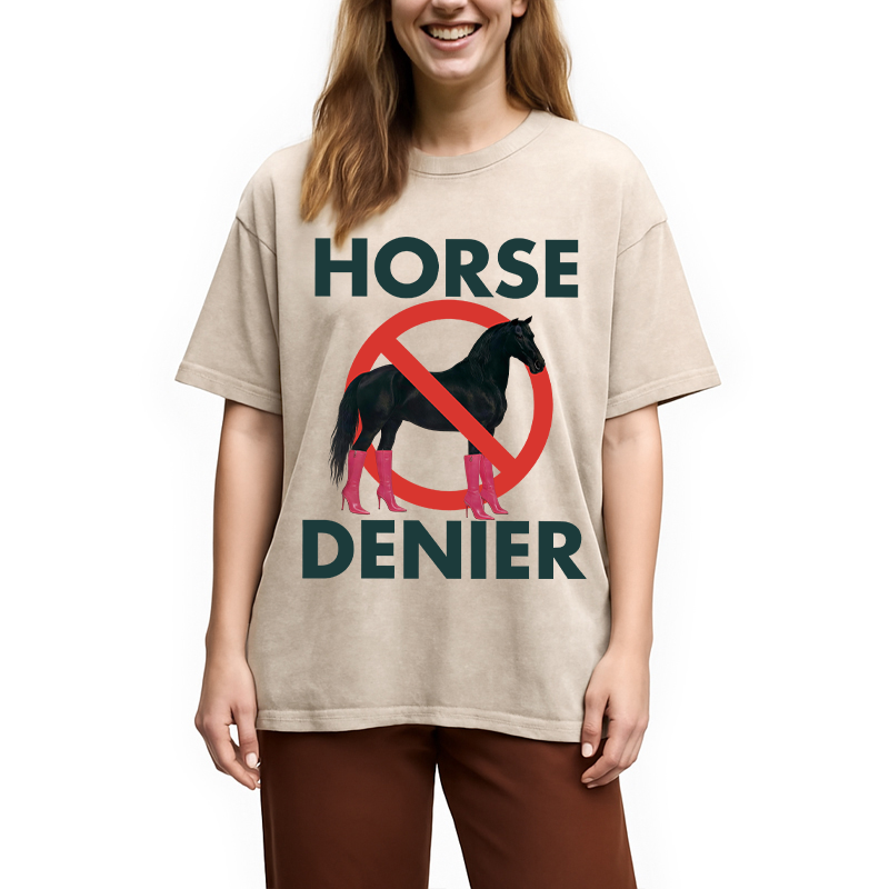 Modecanvas Funny High-Heel Noir Horse Denier DTG Printing Washed T-Shirt