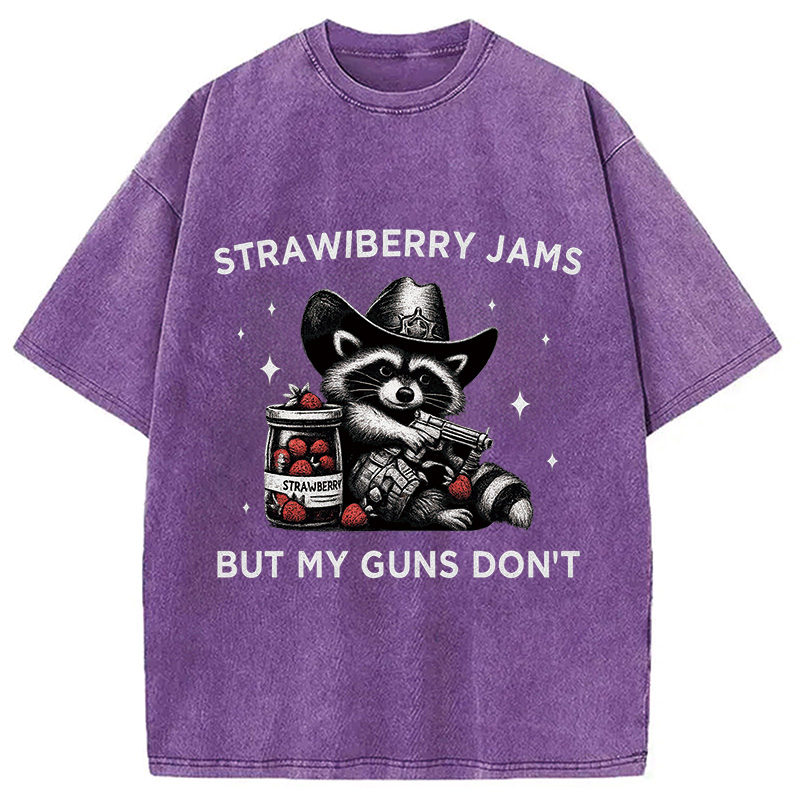 Modecanvas Strawberry Jams Funny Raccoon Cowboy Washed T-Shirt