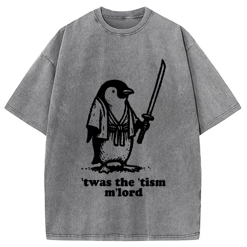 Modecanvas Focused Penguin Samurai Washed T-Shirt-modecanvas