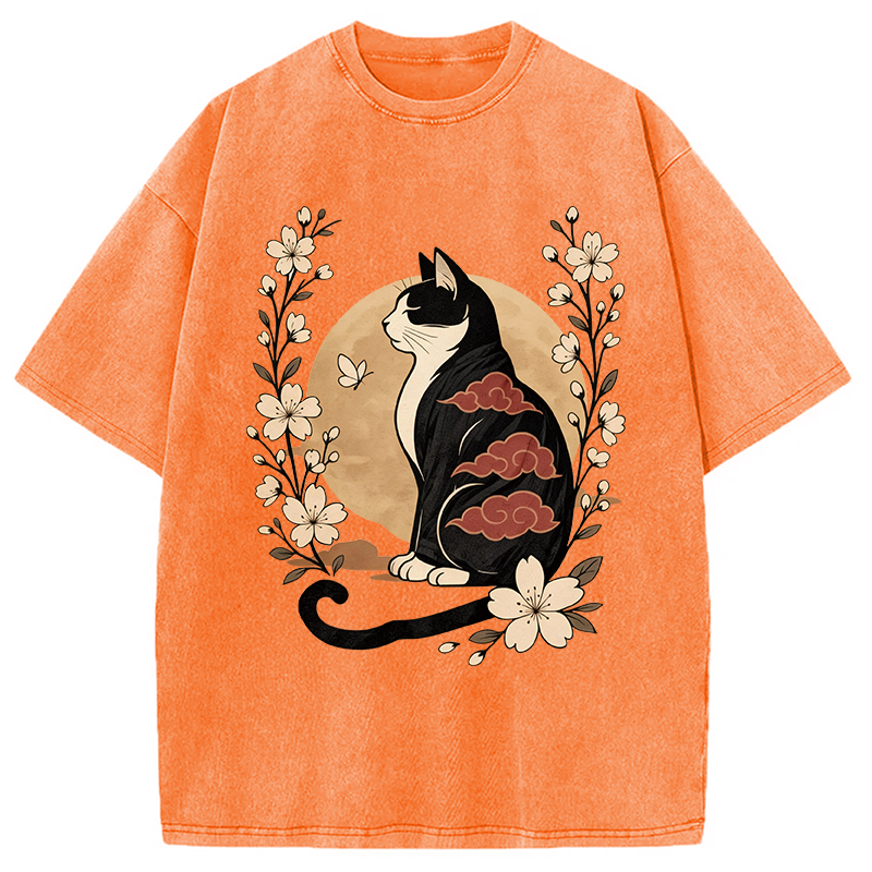 Modecanvas Kawaii Japanese Cat DTG Printing Washed T-Shirt-modecanvas