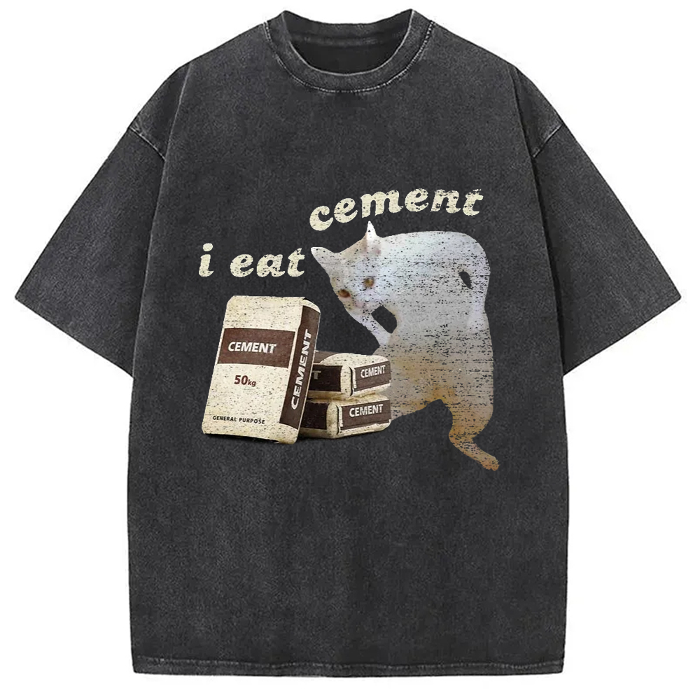 Modecanvas I Eat Cement White Cat Washed T-Shirt