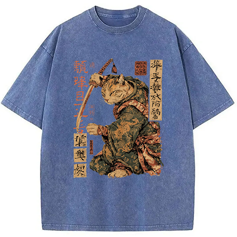 Modecanvas Japanese Katana Warrior Cat DTG Printing Washed T-Shirt-modecanvas