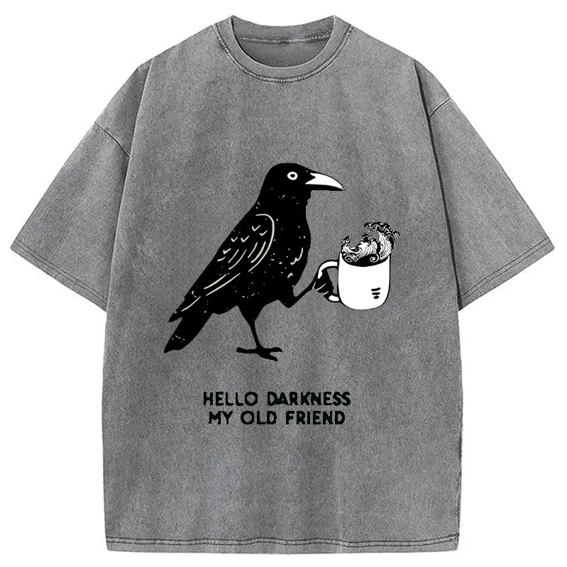 Modecanvas Crow Drinking Black Coffee Funny Washed T-Shirt