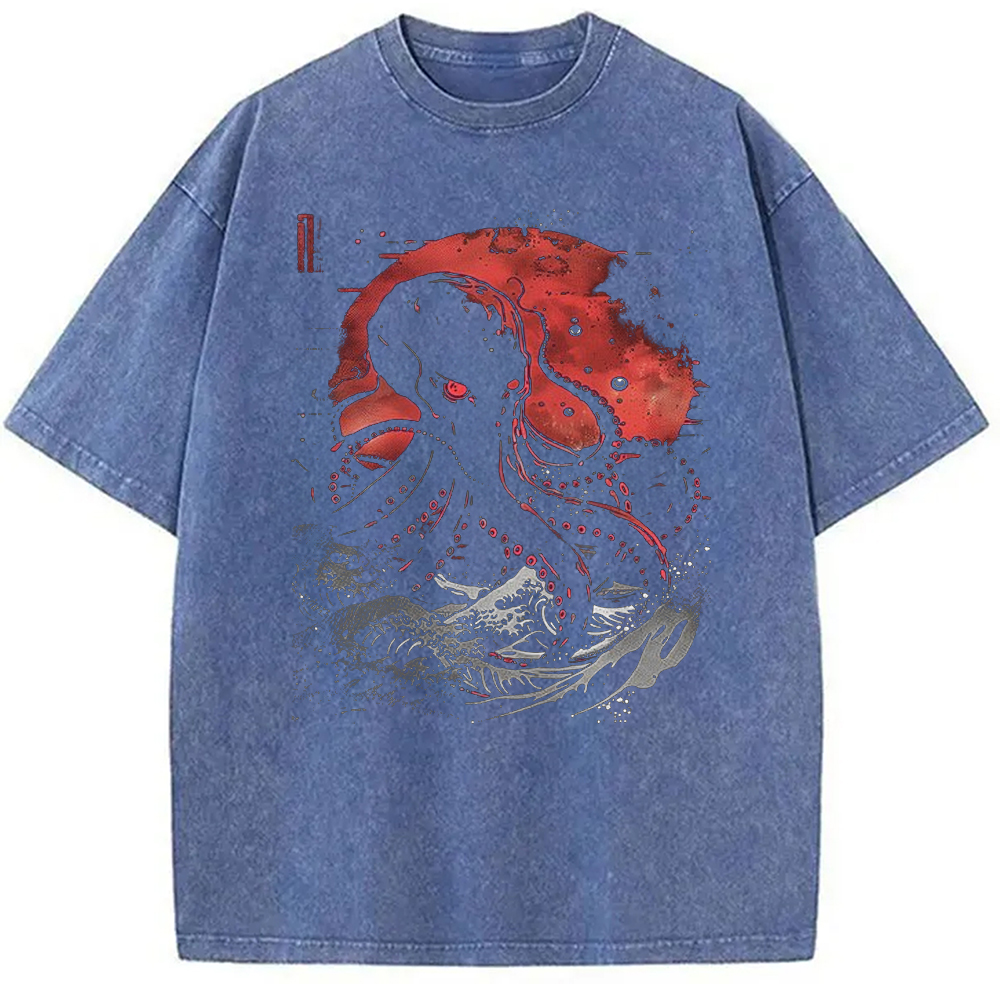 Modecanvas Red Moon Kraken Octopus DTG Printing Washed T-Shirt-modecanvas