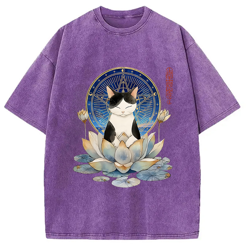 Modecanvas Funny Cat Lotus Zen Auspiciousness Washed T-Shirt