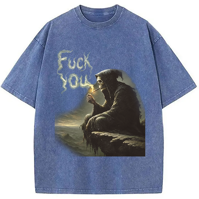 Modecanvas Grim Reaper Fu*k You DTG Printing Washed T-Shirt-modecanvas