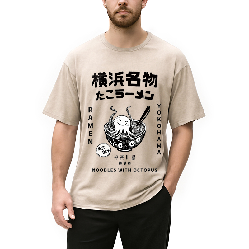 Modecanvas Japanese Kanji Art Octopus Ramen DTG Printing Washed T-Shirt