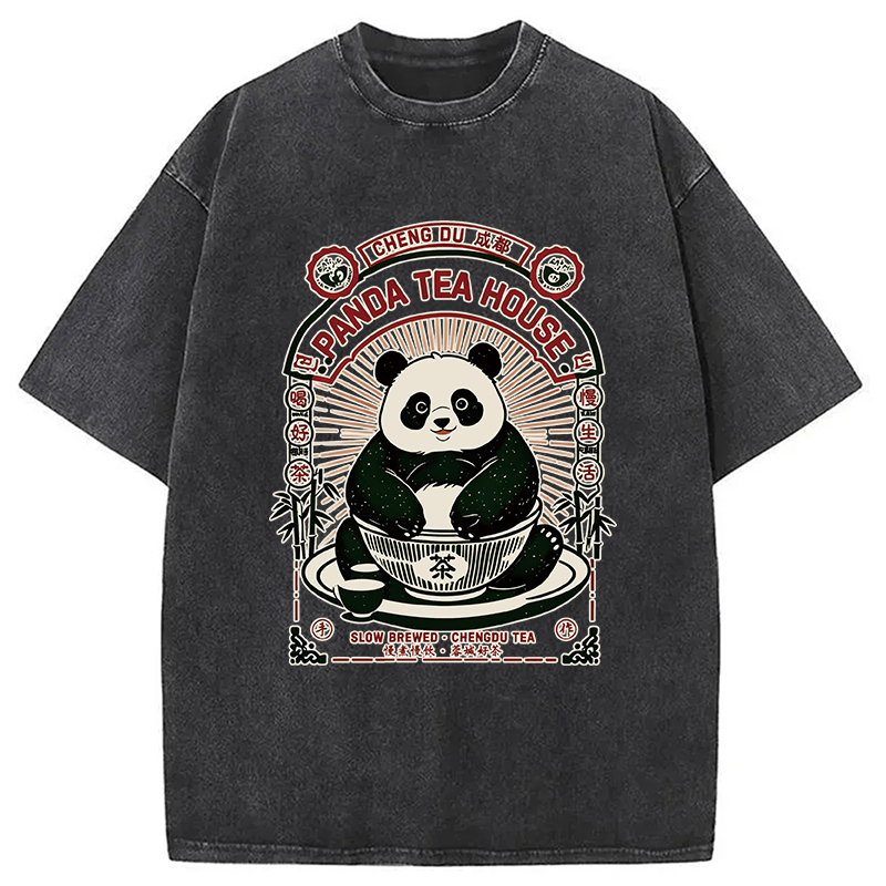 Modecanvas Panda Tea House DTG Printing Washed T-Shirt