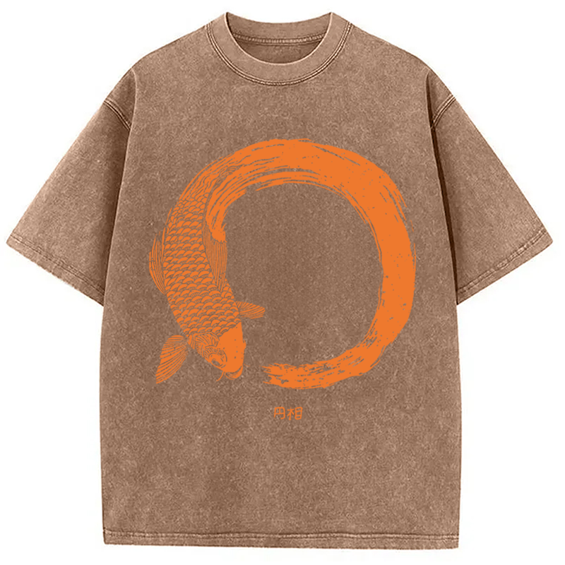 Modecanvas Orange Koi Fish Circle DTG Printing Washed T-Shirt