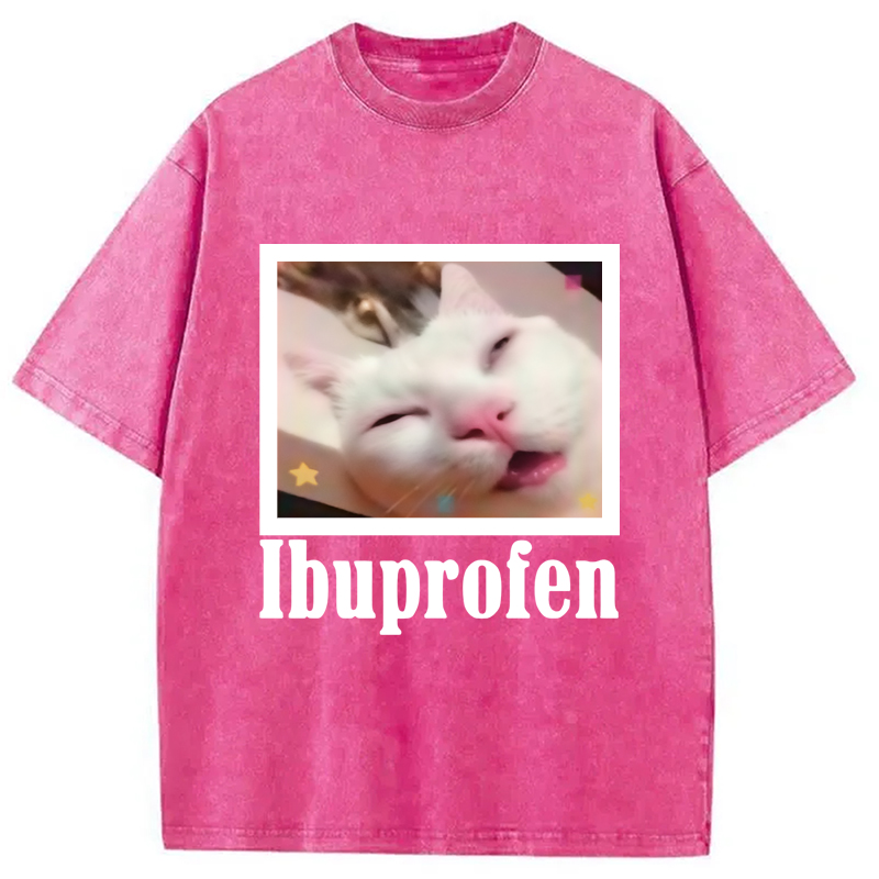 Modecanvas Ibuprofen Meme Cat Benny Cute Washed T-Shirt-modecanvas
