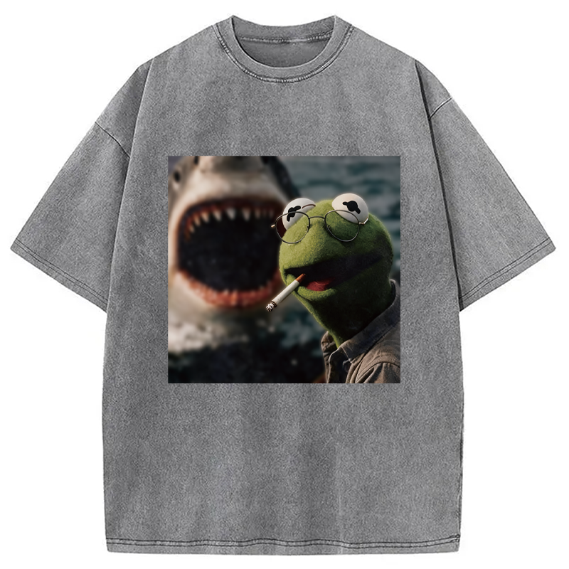 Modecanvas Smoking Frog Meme DTG Printing Washed T-Shirt-modecanvas