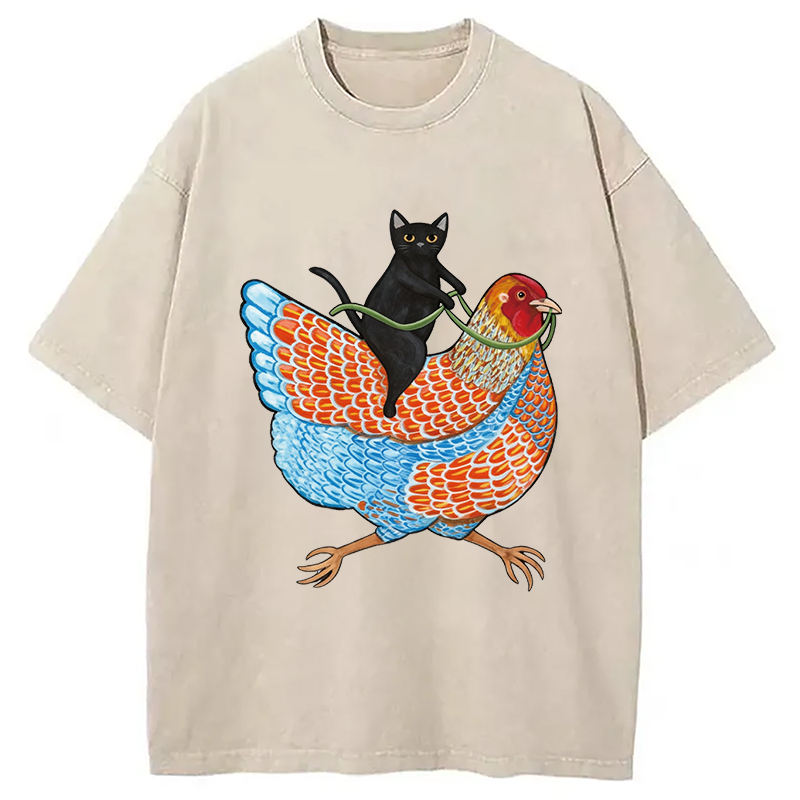 Modecanvas Black Cat On a Wyandotte Chicken Washed T-Shirt-modecanvas