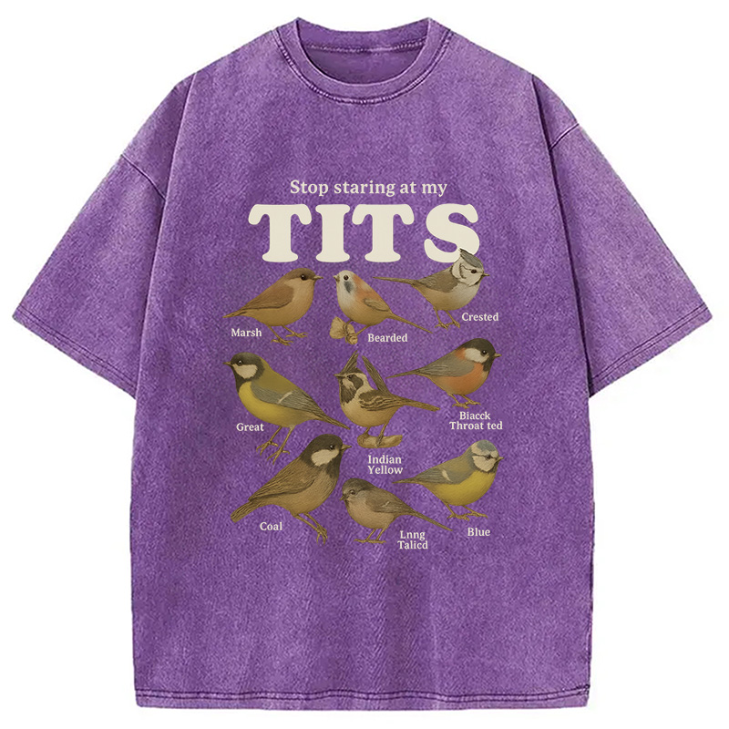 Modecanvas Stop Staring At My Tits Meme Bird Washed T-Shirt