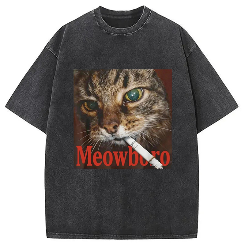 Modecanvas Funny Smoking Cat Meme Washed T-Shirt-modecanvas