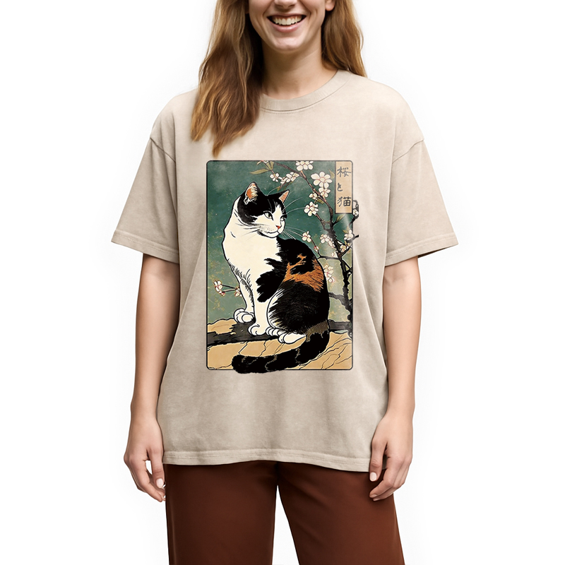 Modecanvas The Cat Under the Sakura DTG Printing Washed T-Shirt-modecanvas